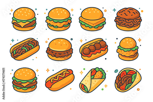 Fast Food Icons. Fast Food Sandwiches. Colorful isometric vector icons set of Fast Food Sandwiches: cheeseburger, chicken sandwich, fish fillet sandwich,
