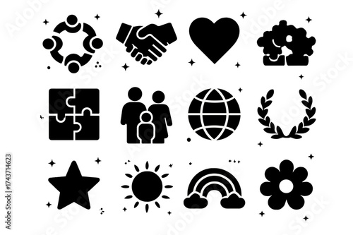 Icons of Unity. Togetherness. Solid icons set of people circle, handshake, heart, puzzle pieces, family, globe, star, sun, laurel wreath, tree, rainbow,