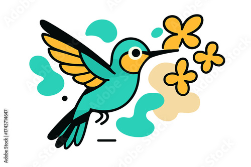 Glowing Hummingbird Flight. Hummingbird in Flight. A glowing hummingbird hovering mid-air, abstract flower shapes floating around its beak. Energetic and light