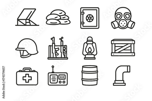 Apocalypse Bunker Icon Set. Apocalypse Bunker. Line icon set of Apocalypse Bunker: entrance hatch, sandbags, metal door, gas mask, helmet, weapon rack,