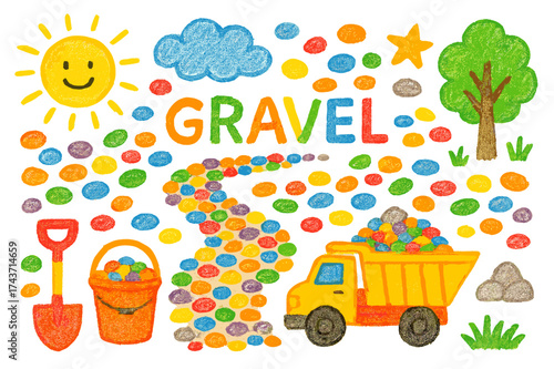 Colorful Gravel Doodle. Gravel. Colorful Hand-drawn doodle Children illustration gravel stones, pebble, shovel, bucket, wheelbarrow, path, road, truck, sun,