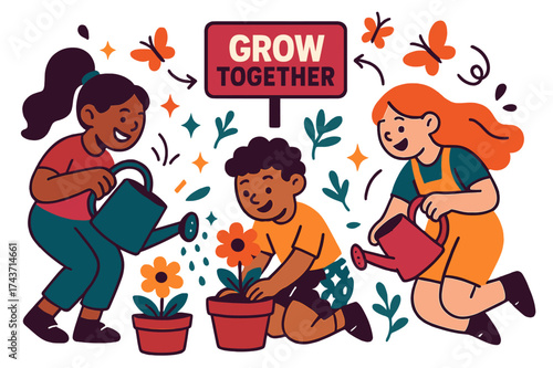Gardening with Kids. Gardening with kids. Children planting flowers in pots, watering cans pouring sparkly
