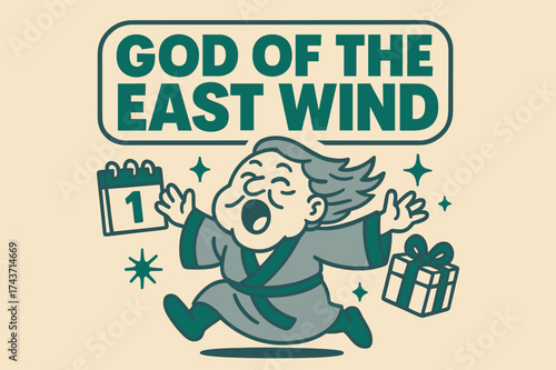 East Wind Celebration. God of the East Wind banner, flat vector illustration, bold oversized text inside sticker outline, cartoon characters shouting and