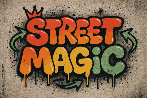 Street Magic Graffiti. Street Magic ? Graffiti Simplified, chunky tilted bubble letters with dripping outlines, arrows and crown accents, flat spray fills,
