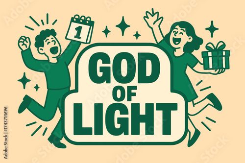 God of Light Celebration. God of Light banner, flat vector illustration, bold oversized text inside sticker outline, cartoon characters shouting and dancing,