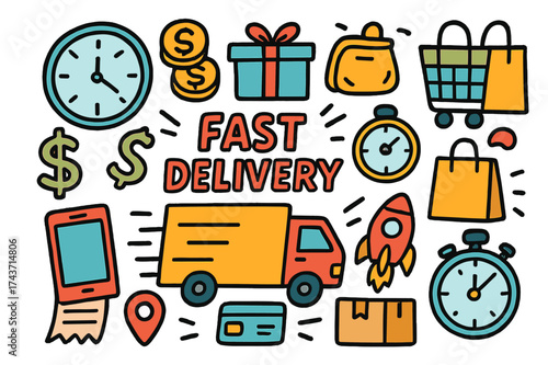 Fast Delivery Doodles. Fast delivery. Colorful Hand-drawn doodle Children illustration Fast delivery delivery truck, clock, coins, dollar sign, gift box,