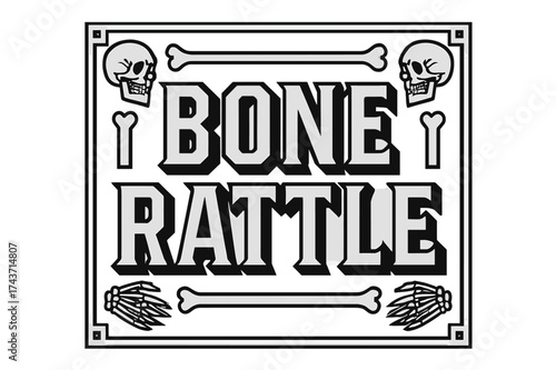 Bone Rattle Typography. Bone Rattle ? Bold Block Lettering, stacked uppercase with chunky geometric serifs, heavy outlines and flat 3D shading, poster-style