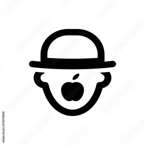 Stylized face with bowler hat and apple in place of mouth in black and white simple vector illustration