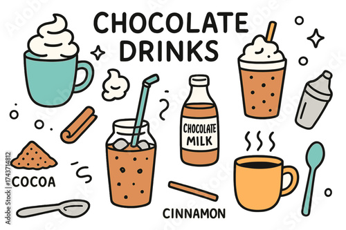 Warm Cocoa Delights. Chocolate Drinks. Hand-drawn doodle illustration hot cocoa cup (colored), whipped cream, straw (colored), chocolate milk bottle, iced