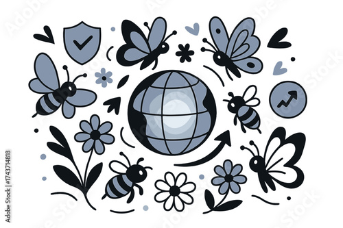 Future Pollinator Vision. Future pollinator vision. Abstract glowing globe surrounded by flowers, bees, and butterflies circling it. Floating shield and growth