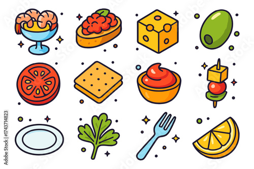 Colorful Appetizer Icons. Appetizers. Colorful isometric vector icons set of appetizers: shrimp cocktail, bruschetta, cheese cube, olive, tomato slice,