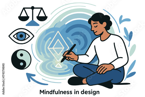 Mindful Design Artistry. Mindfulness in Design. Person sketching glowing geometric shapes with calm waves radiating outward. Floating icons of balance and