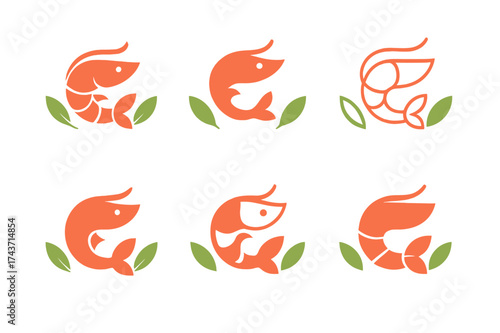 Seafood Logo Variations. A Chef Preparing a Delicate Seafood Dish. Set Logo of Seafood Dish: shrimp with garnish. harmonious logo variations of the same