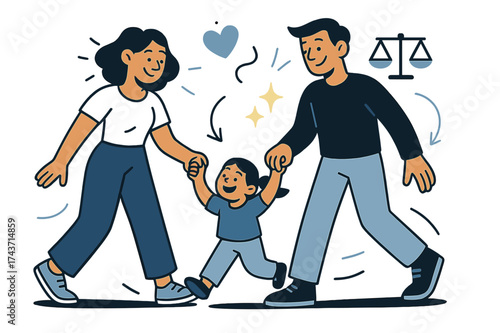 Harmonious Co-Parenting Journey. Co-parenting. Two parents glowing as they walk with child holding both hands. Floating icons of heart, balance, and sparkle