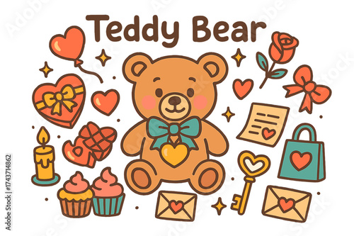 Teddy Bear Love. Teddy Bear. Hand-drawn doodle illustration of Teddy Bear. Teddy bear with bow, heart-shaped