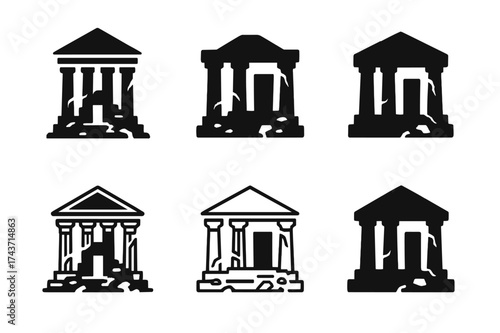 Temple Logo Variations. Lamenting the loss of cultural heritage. Set Logo of crumbling temple: silhouette of ancient temple ruins. harmonious logo variations