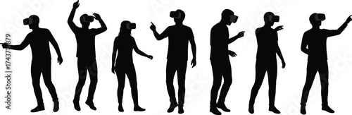 Silhouettes of people wearing VR headsets in interactive poses, black vector design showing virtual reality, technology, immersion, and user experience