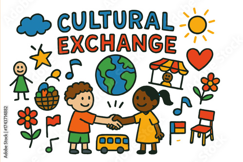 Cultural Exchange Icons. Cultural Exchange. Colorful Hand-drawn doodle Children illustration handshake, globe, heart, star, people, food stall, music note,