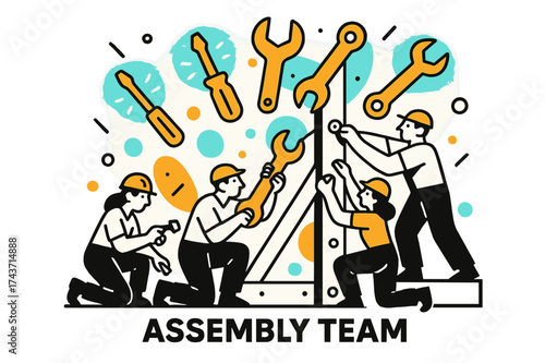 Floating Tool Icons. Assembly Team. Group of workers tightening bolts on a large structure, glowing tools floating above like abstract icons. Modern flat-line