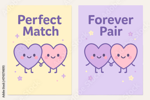 Kawaii Heart Banners. Perfect Match. Two vertical A6 banners with safe margins, centered composition, no elements touching edges, kawaii style, pastel yellow