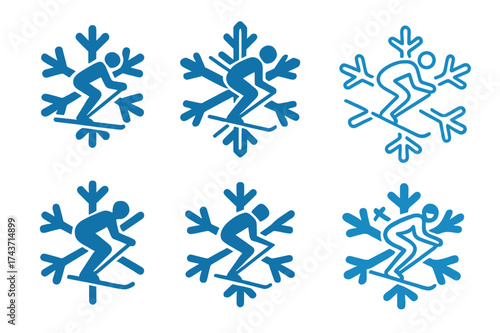 Harmonious Skiing Logos. Skiing. Set Logo of Skiing: snowflake. harmonious logo variations of the same emblematic concept, each with different artistic