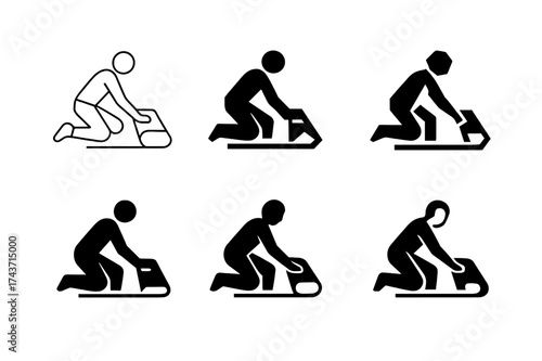 Diverse Logo Variations. Placing a rug in the center of the room. Set Logo of Interior design: person laying rug icon. harmonious logo variations of the same