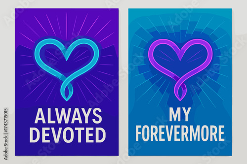 Neon Infinity Heart Banners. Devotion. Two vertical A6 banners, modern, neon purple and cyan backgrounds, flowing ribbon forming an infinity heart with radiant