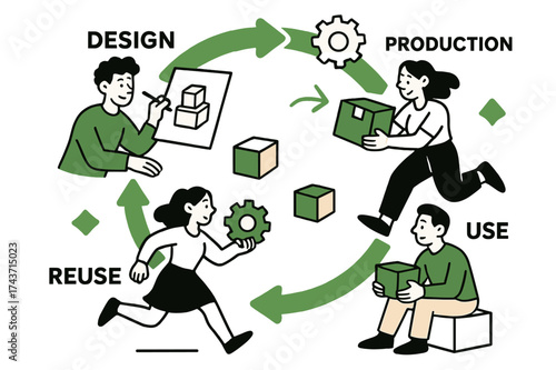 Sustainable Product Journey. Circular product lifecycle. Animated flow of products from design to reuse, with