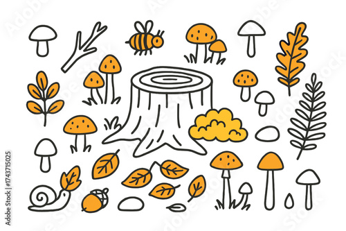 Whimsical Mushroom Haven. Mushroom Habitat. Hand-drawn doodle illustration tree stump (colored), moss, leaf litter (colored), branch, mushrooms (colored),