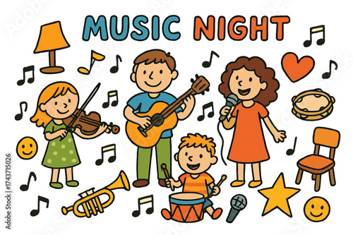 Family Music Fun. Music Night. Colorful Hand-drawn doodle Children illustration family, guitar, drum, keyboard, trumpet, violin, microphone, tambourine, star,