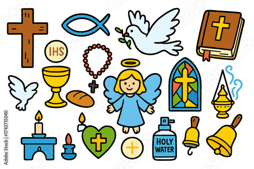 Christian Symbol Doodles. Christian Symbols. Colorful Hand-drawn doodle Children illustration Christian Symbols cross, fish symbol, dove, Bible, chalice,