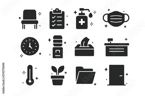 Clinic Icons Display. Clinic waiting area. Solid icons set of empty chair, clipboard, sanitizer, mask, clock, water cooler, tissue box, reception desk,