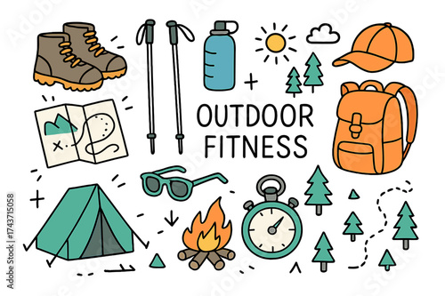 Outdoor Adventure Gear. Outdoor Fitness. Hand-drawn doodle illustration hiking boots (colored), trekking poles, water bottle (colored), backpack, cap