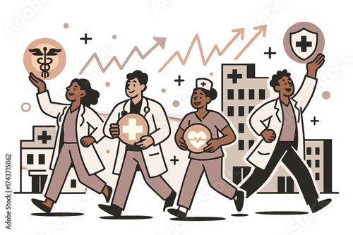 Innovative Healthcare Progress. Healthcare progress. Doctors and nurses holding glowing medical symbols, with hospitals in the background. Rising arrows shaped