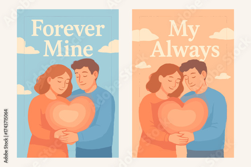 Glowing Embrace Banners. Soulmates. Two vertical A6 banners with safe margins, centered composition, no elements touching edges, pastel style, sky blue and