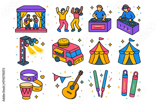 Festival Icons Extravaganza. Festival fun. Colorful isometric vector icons set of festival fun: stage, performers, dancing crowd, DJ, lights, food trucks,