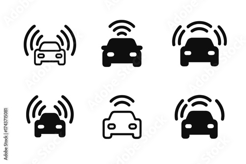 Car Voice Assistant Logos. In-car voice assistant prompt. Set Logo of sound waves: curved wave lines radiating from car icon. harmonious logo variations of the