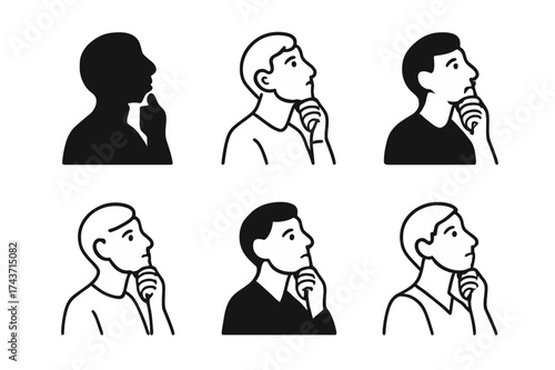 Reflective Logo Variations. A person with a thoughtful expression, looking up as if contemplating their thoughts. Set Logo of Emotion: reflective pose icon.