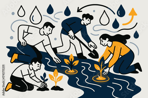 Reforestation for Flood Control. Reforestation for flood control. Glowing saplings being planted along riverbanks, abstract floating water droplets and light