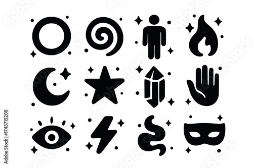 Mystical Icon Set. Mystical energy. Solid icons set of Mystical energy: aura ring, spiral, human silhouette, flame, moon, star, crystal, hand, eye, lightning,