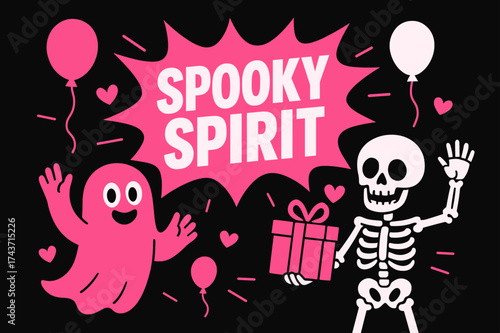 Spooky Spirit Celebration. Spooky Spirit banner, flat vector illustration, bold oversized text inside comic burst, cartoon characters standing and waving,