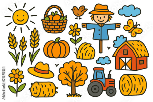 Autumn Harvest Scene. Autumn Field. Colorful Hand-drawn doodle Children illustration wheat stalk, pumpkin, basket, scarecrow, hay bale, tractor, barn, tree,