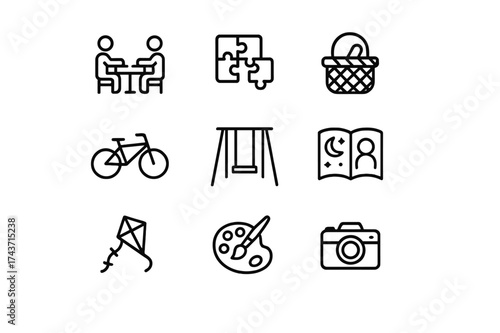 Family Bonding Icons. Family bonding. Line icon set of family bonding: board game, puzzle, picnic basket, bicycle, swing set, storybook, kite, art supplies,