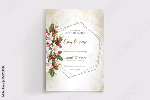WEDDING INVITATION FRAME WITH FLOWER DECORATIONS AND FRESH LEAVES