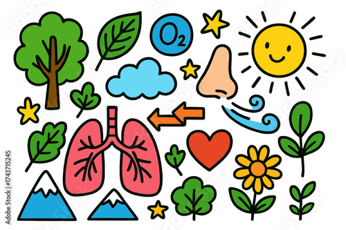 Nature and Breath Doodle. Nature & Breath. Colorful Hand-drawn doodle Children illustration Tree, leaf, lungs, oxygen bubble, cloud, wind swirl, flower, sun,