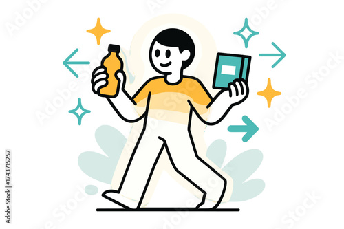 Product Comparison Glow. Shopping Choices. A glowing character comparing two products in hand, abstract floating arrows and spark shapes symbolizing