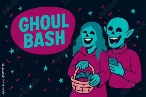 Ghoul Bash Extravaganza. Ghoul Bash banner, flat vector illustration, bold oversized text inside rounded blob, cartoon characters standing and laughing,