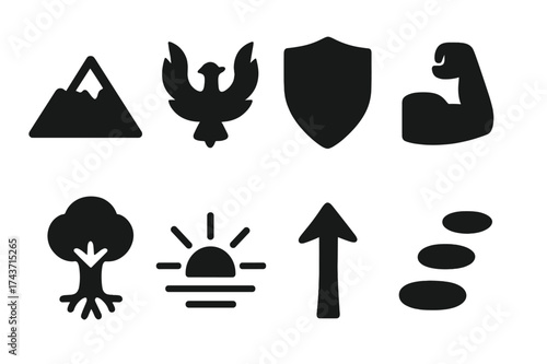 Resilience Icons Set. Resilience. Filled icon set of Resilience: mountain peak, phoenix, shield, strong arm,