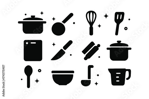 Kitchen Utensils Icons. Small-Batch Cooking. Solid icons set of saucepan, frying pan, whisk, spatula, cutting board, knife, rolling pin, pot, wooden spoon,