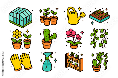 Greenhouse Icon Set. Greenhouse. Colorful isometric vector icons set of greenhouse: glass house, potted plants, watering can, seedling tray, flower pot,